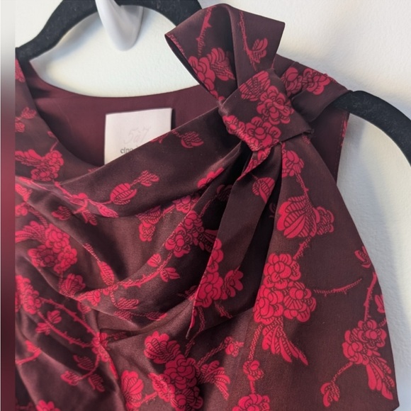 Cinq A Sept Nanon 100% Silk Cowl Neck Red Floral Ruffled Asymmetrical Midi Dress - Picture 3 of 9